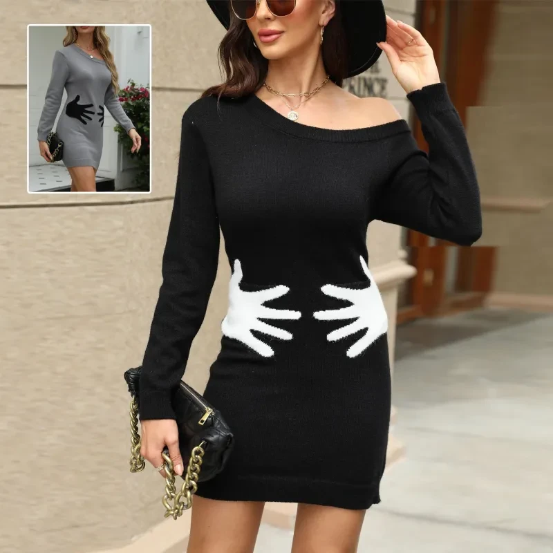 Ins Palm Print Design Knit Dress Fashion Slant Shoulder Long Sleeve Wrap Hip Slim Dress