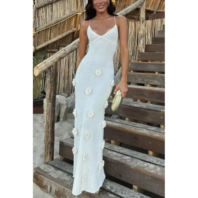 Women's Braces Skirt Three-dimensional Flower Knitted Backless Lace-up Dress