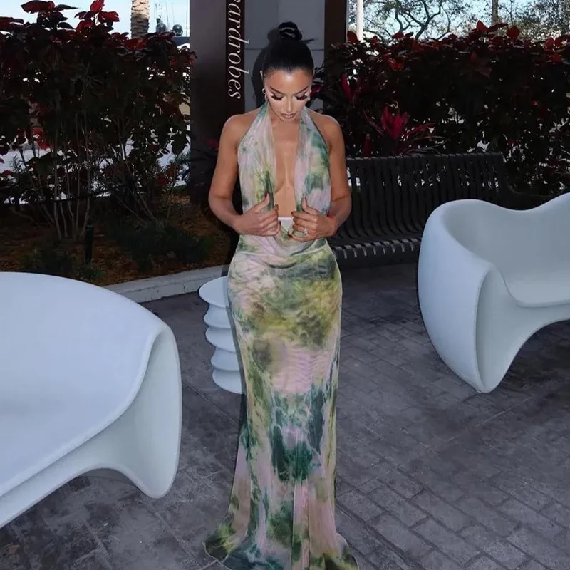 2pcs Tie Dye Printing Deep V-neck Suits Fashion Halter Backless Long Dresses For Beach Party