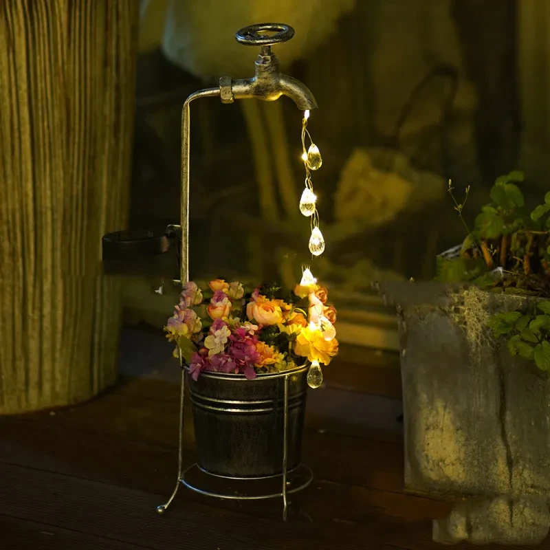 Amazon Solar Iron Water Drop Water Outdoor Landscape Lamp Garden New Faucet Iron Decorative Lamp