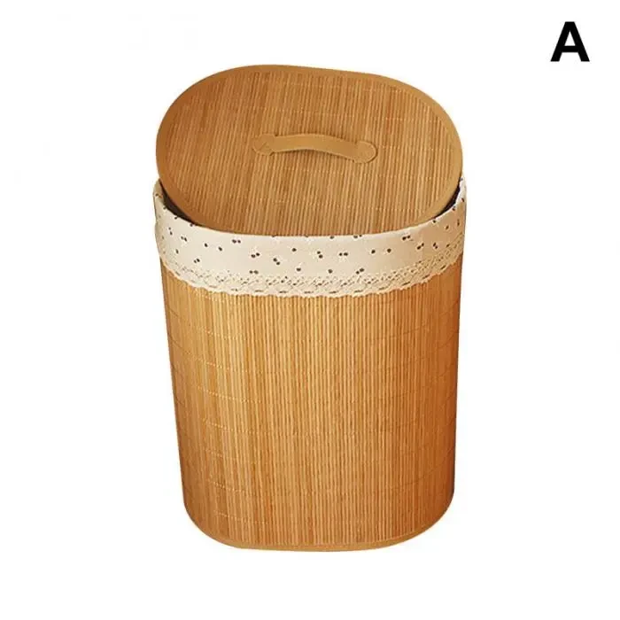 Folding Bamboo Storage Basket Large Storage Laundry Bin Box with Lid and Removable Lace