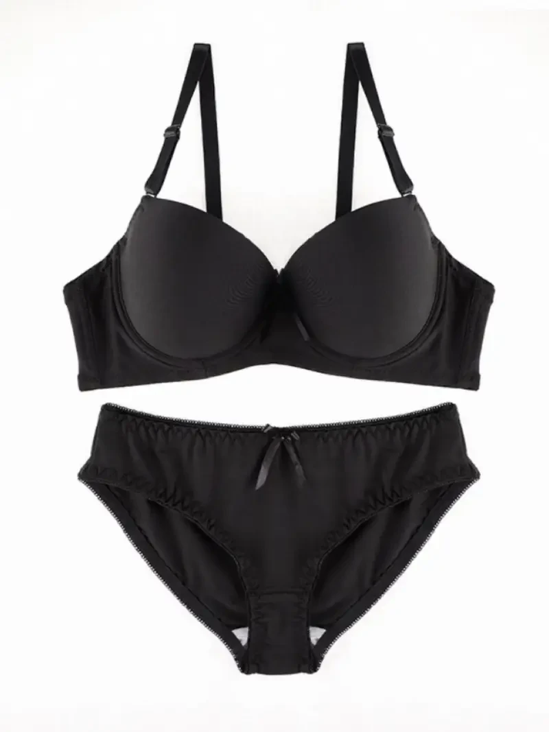 2pcs Set of Plain Color Glossy Comfortable Gathering Steel Ring Bra and Lingerie Set | Elegant Underwear for Women