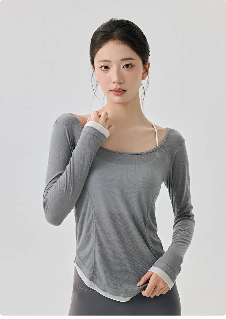 Loose Casual High-grade Yoga Clothes Blouse Hem Contrast Color Light Breathable Sexy Backless