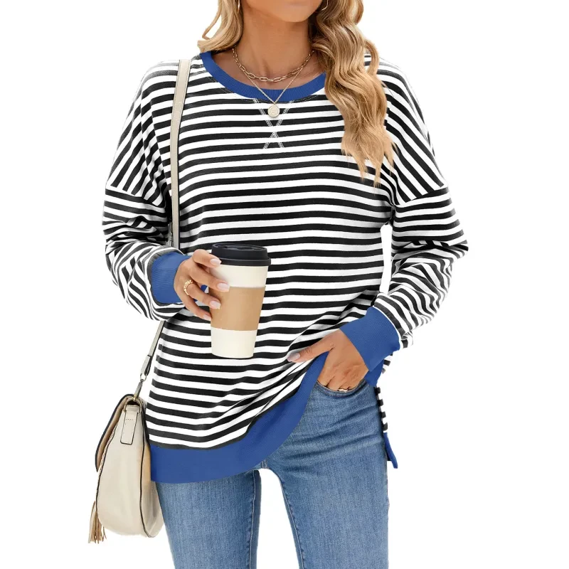 Mixed Color Striped Printed Split Design Long Sleeve T-Shirt Women's Clothing