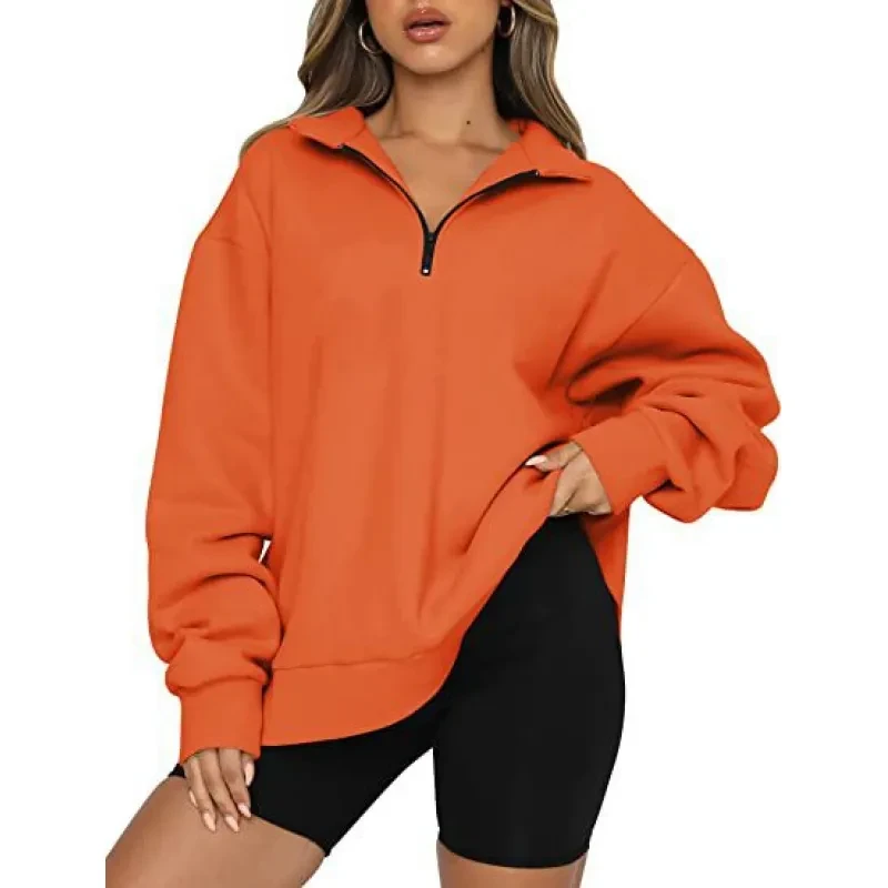Women Sweatshirts Zip Turndown Collar Loose Casual Tops Clothes
