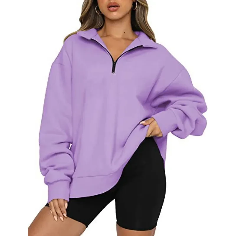 Women Sweatshirts Zip Turndown Collar Loose Casual Tops Clothes