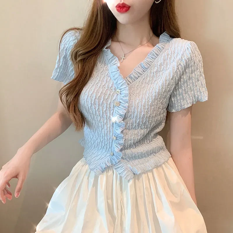 Casual All-match Blue Short-sleeved T-shirt For Women