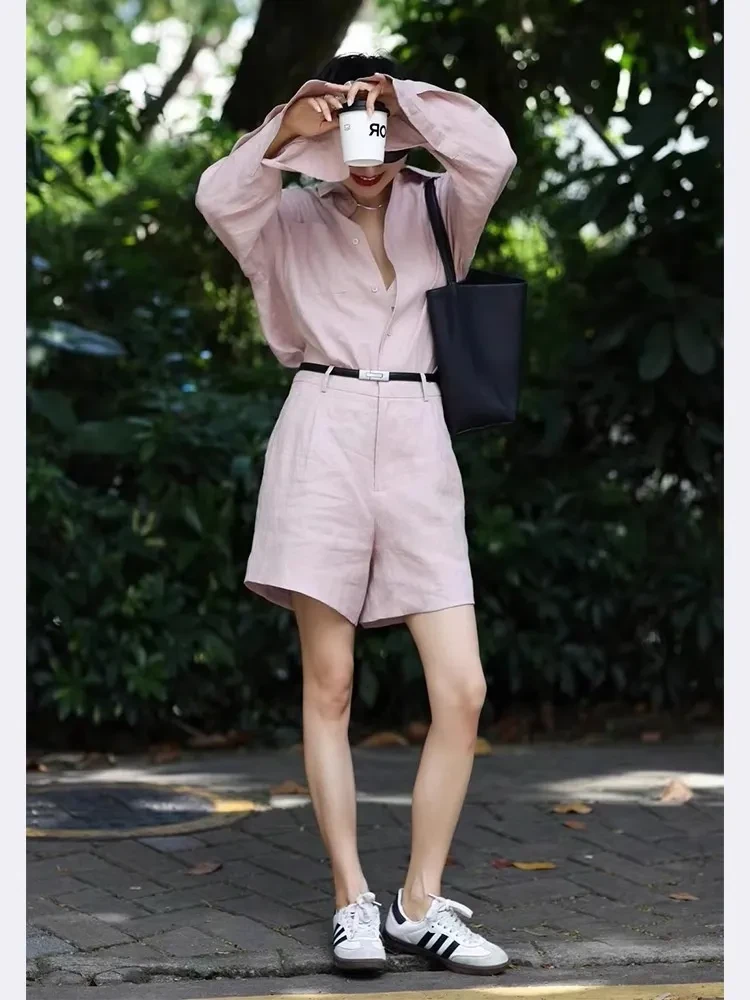 Cotton Linen Linen Top And Shorts Two-piece Set For Women