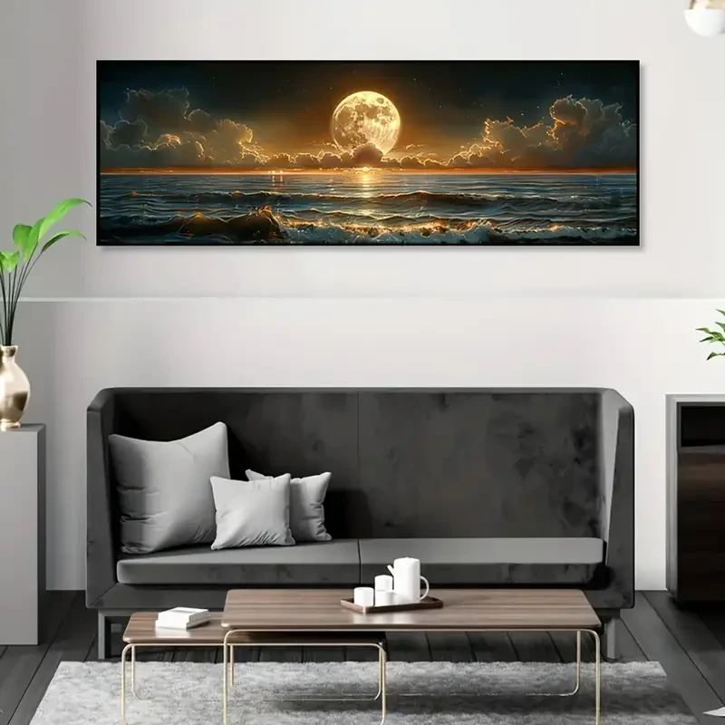 Classic Retro Farmhouse Style Moonlit Sea Landscape Canvas Poster Art Print