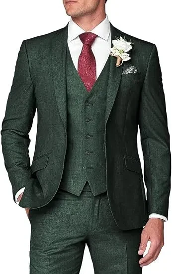 Men's Solid Color Business Jacket Vest Pants Set Olive Green