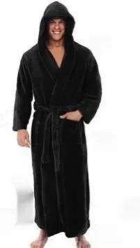 Warm Men's Plus Size Thick Hooded Long Sleeve Nightgown Black
