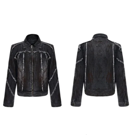 Raw Edge Splash-dyeing Distressed Padded Shoulder Denim Coat Black Coat