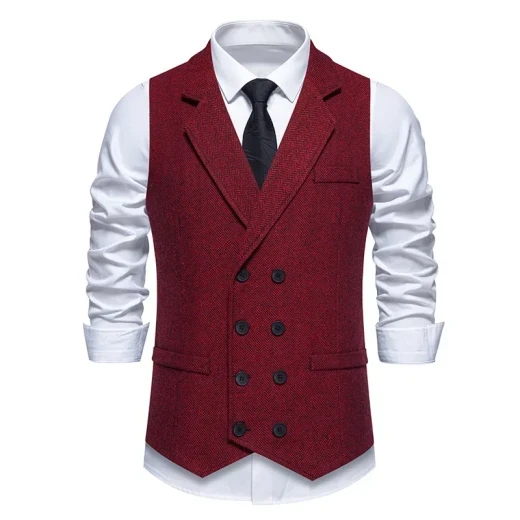 Men's Herringbone Tweed Suit Vest Retro Lapels Double Breasted Vest Wine Red