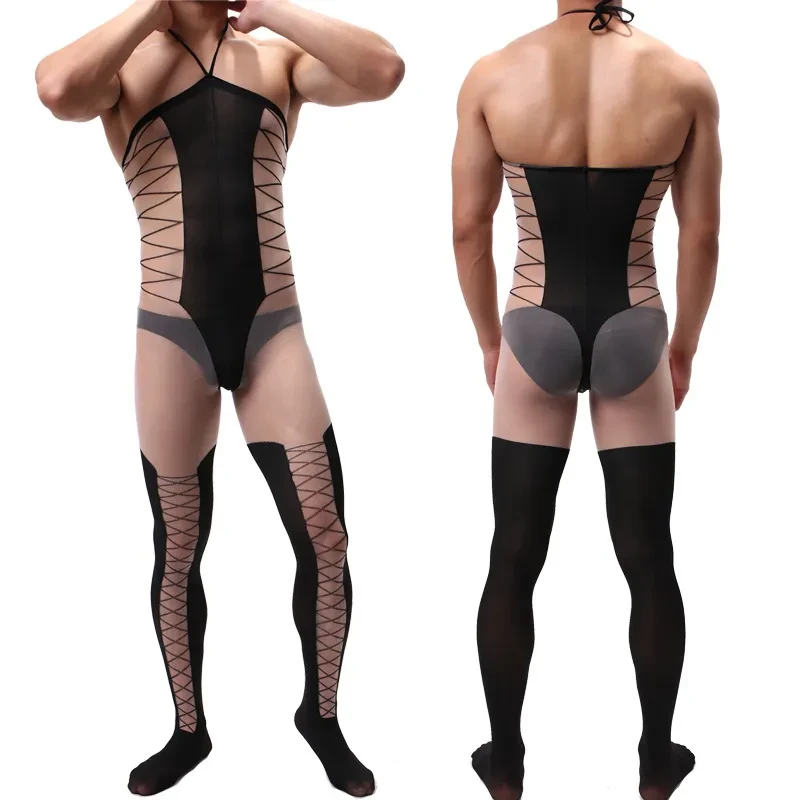 Men's Jacquard Sling One Piece Stockings Hollow Silky Transparent