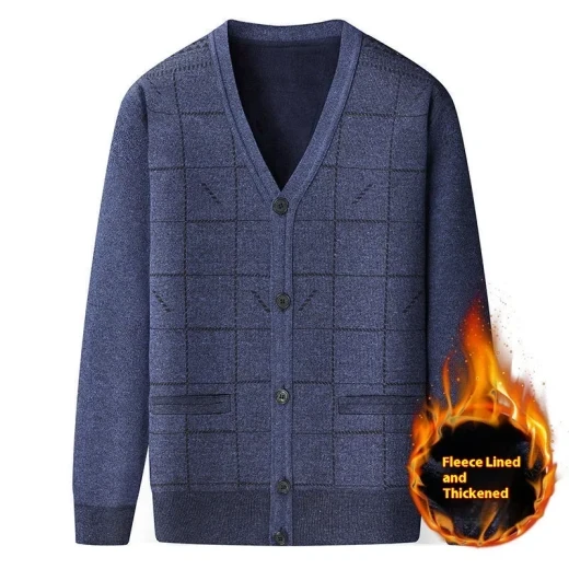 Middle-aged And Elderly Men's Sweater Cardigan Autumn And Winter Dad Wear Blue Gray With Velvet