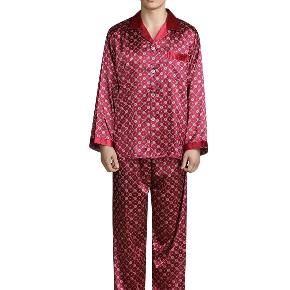 Men's Printed Silk Pajamas Spring And Summer Long-Sleeved Suit