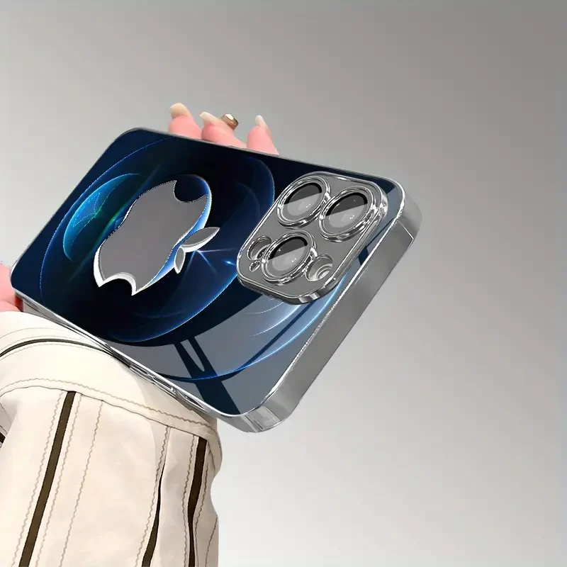 Tech-Inspired Blue Gradient Metal Dual-Cut Apple Print Pattern Electroplated TPU Phone Case