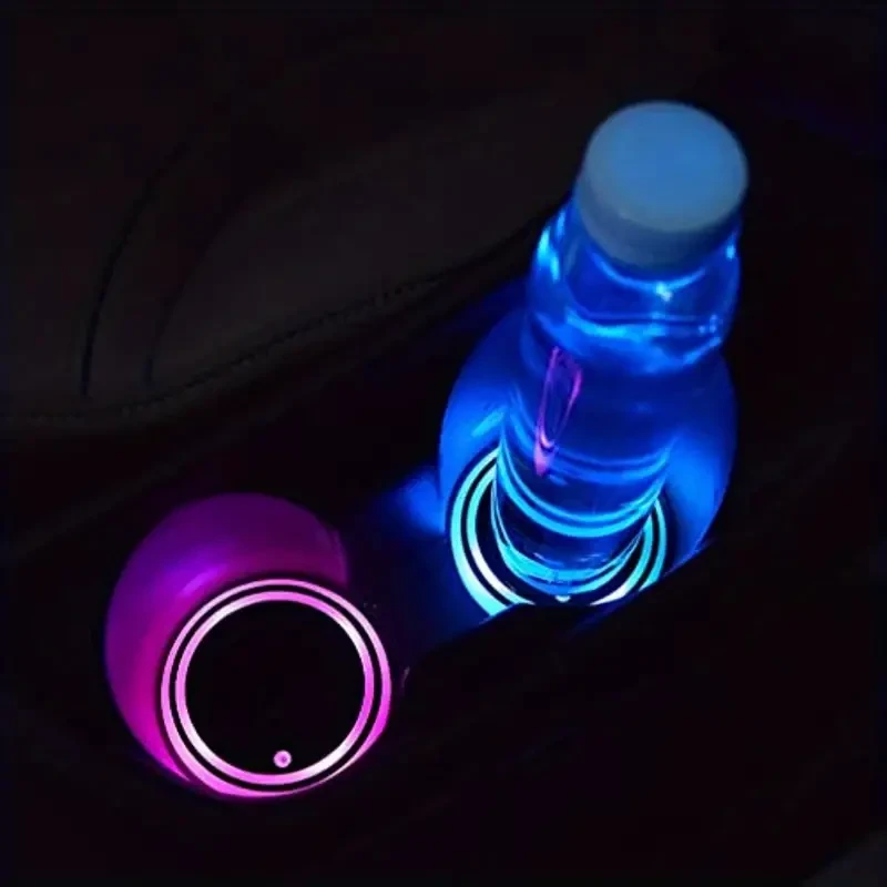 LED Car Cup Holder Lights - 7 Color Variations, USB Charging Pads & Coasters