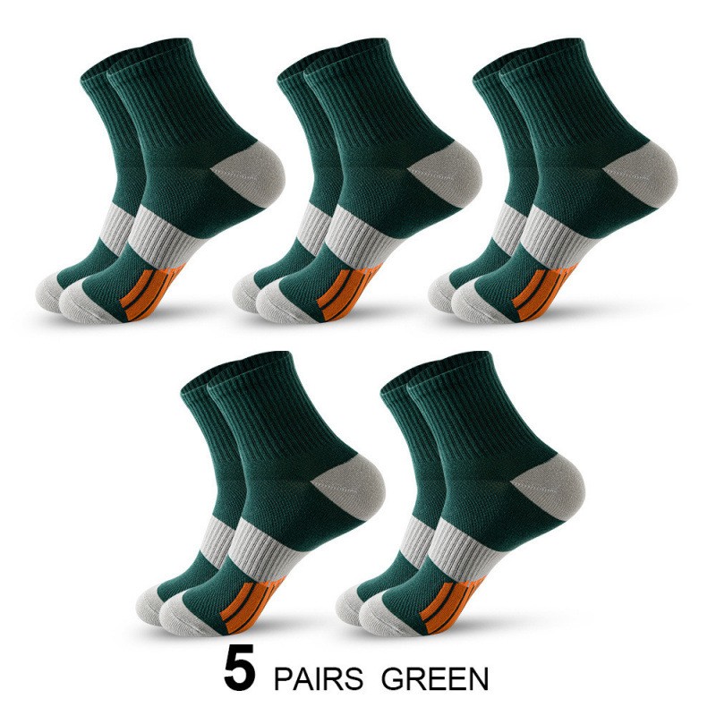 Men's Middle Tube Socks Color Matching Sports Basketball Socks 5 Pair Of Green Color