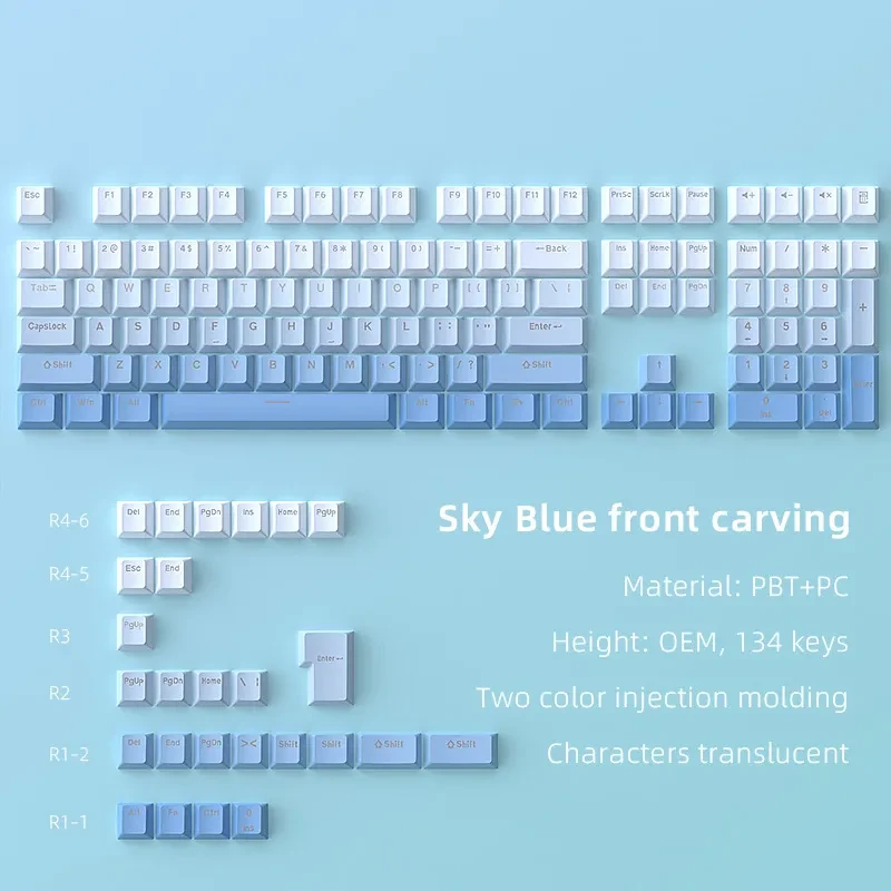 Sky Blue Gradient Positive Engraving Luminous 134 Mechanical Key Cap Two-color PBT Injection Molding 0EM Height