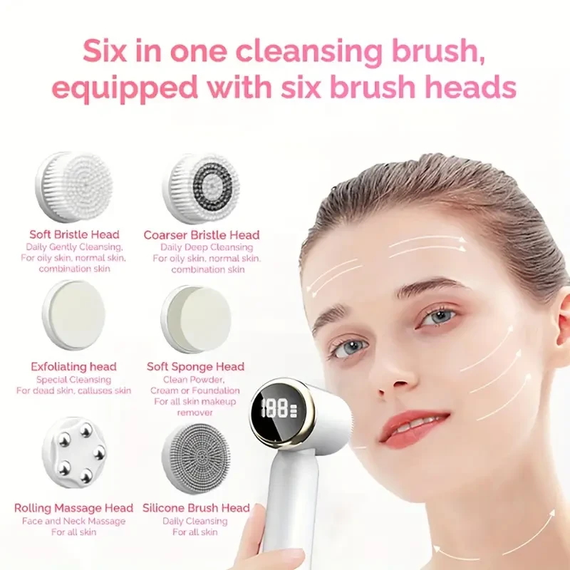 6-in-1 Electric Facial Cleanser with 6 Brush Heads and 3 Rotation Speeds