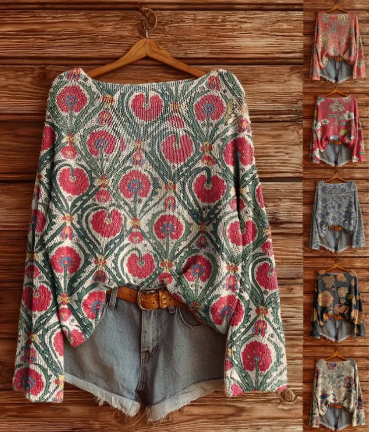 Women's Printed Loose Retro Long-sleeved Brushed Top