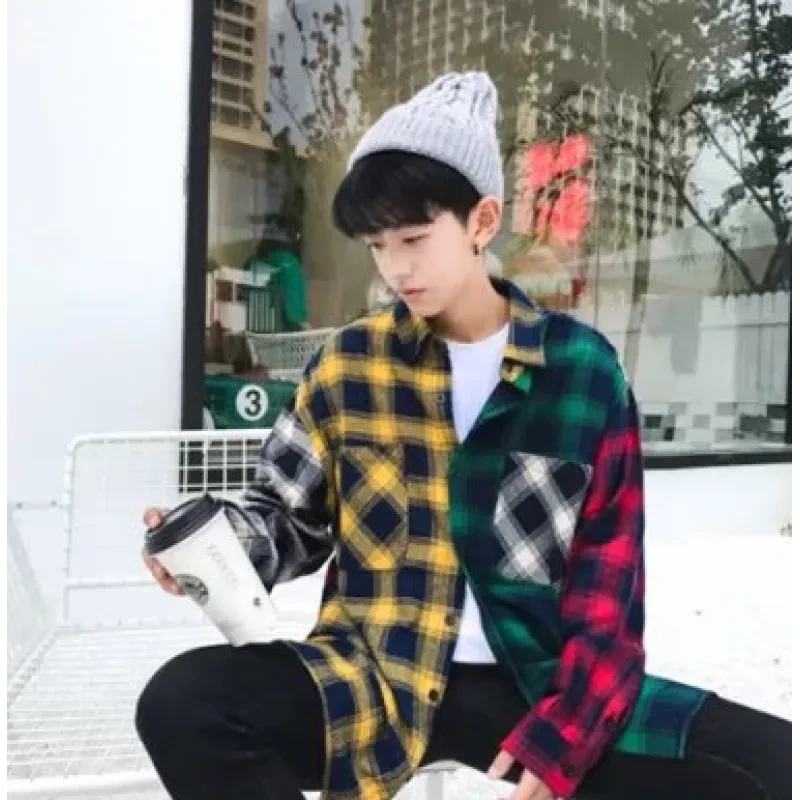 Original national tide mixed colors loose irregular long casual shirt hip-hop male and female lovers shirt