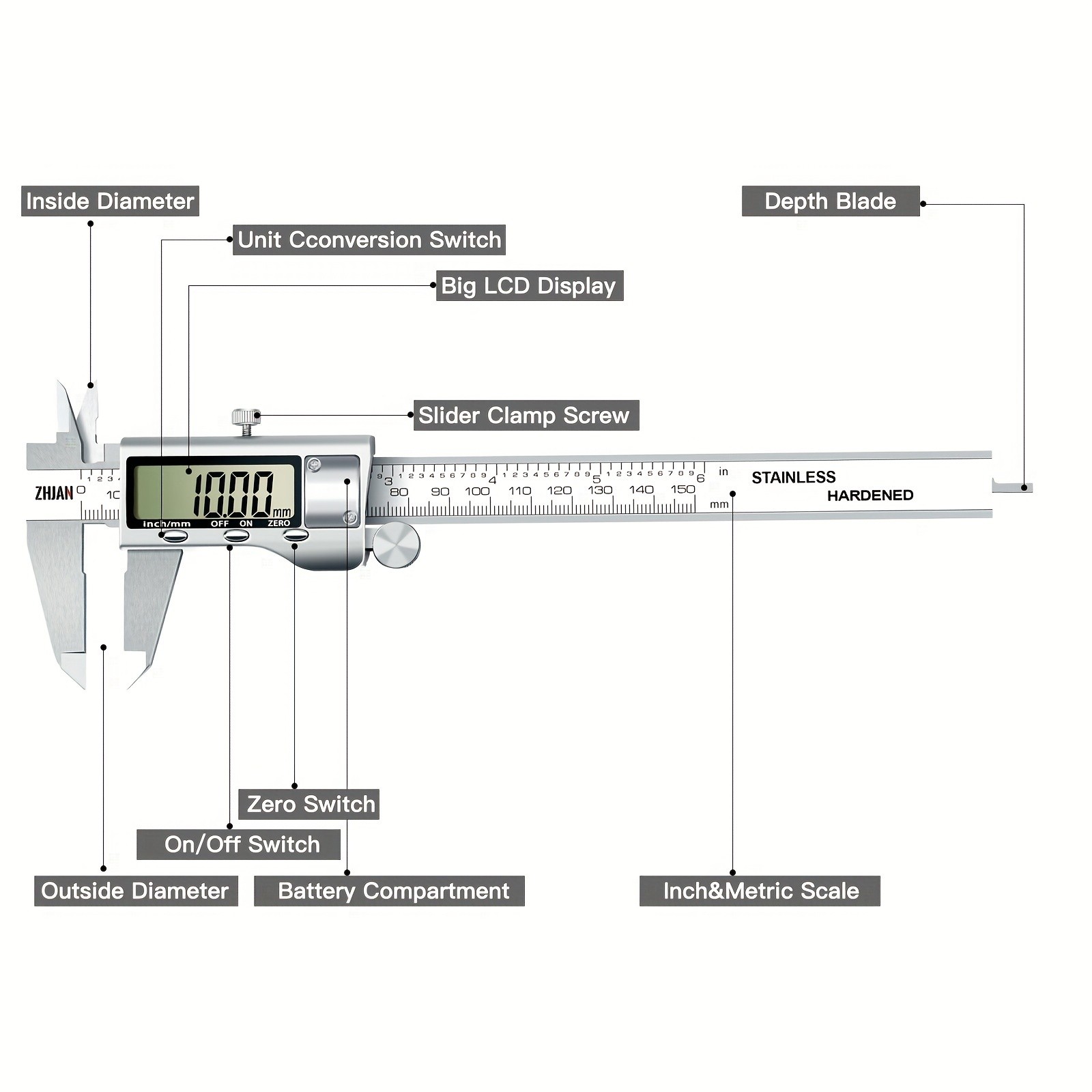Stainless Steel Digital Caliper with Large LCD Screen and Automatic Closing Function - Measures in Inches and Millimeters (6 Inches /150 Mm) - Accurate and Easy to Use