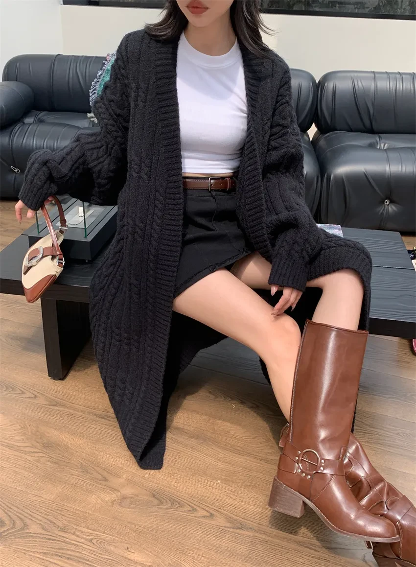 Women's Long Sweater Cardigan Thickened Twist Knitted Coat