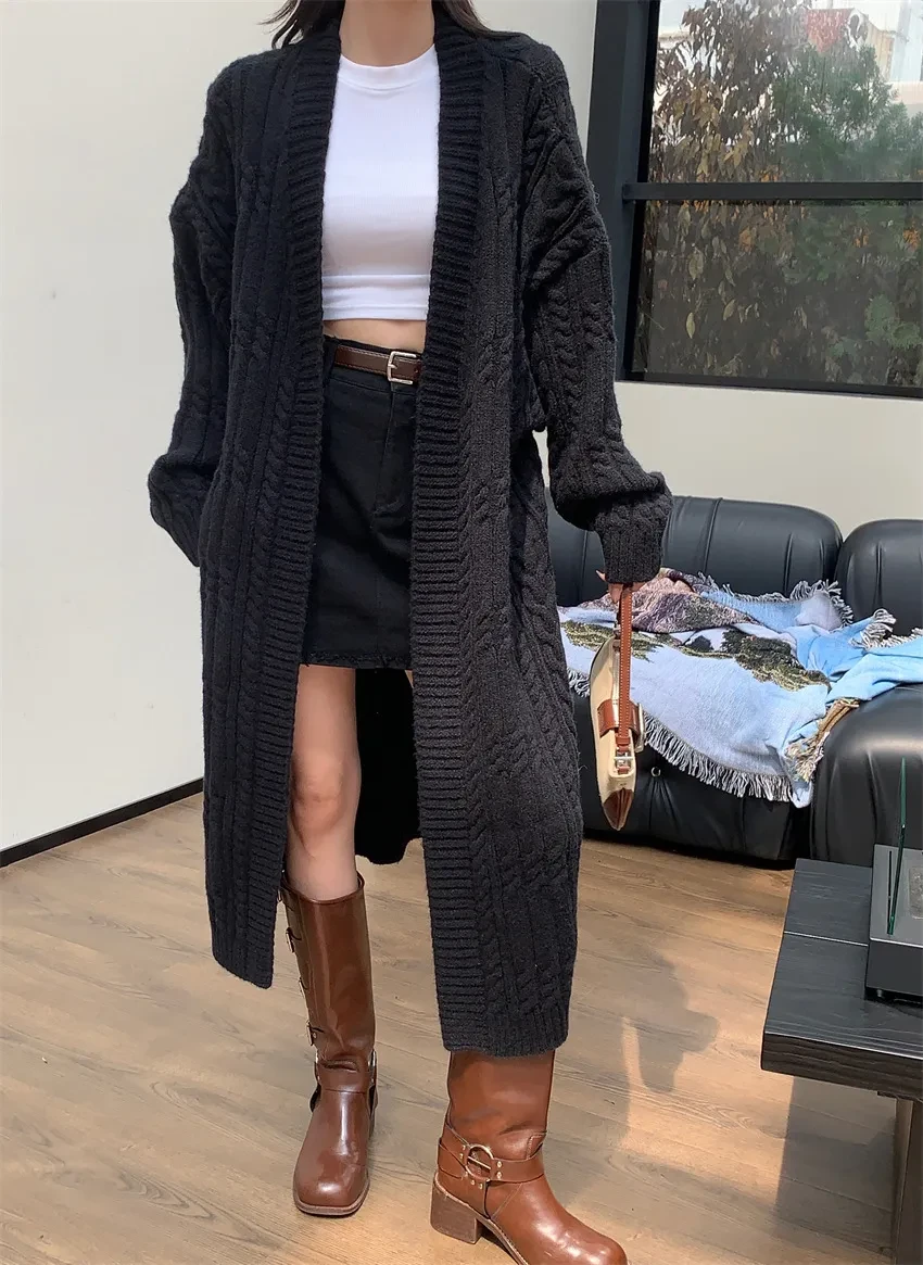 Women's Long Sweater Cardigan Thickened Twist Knitted Coat