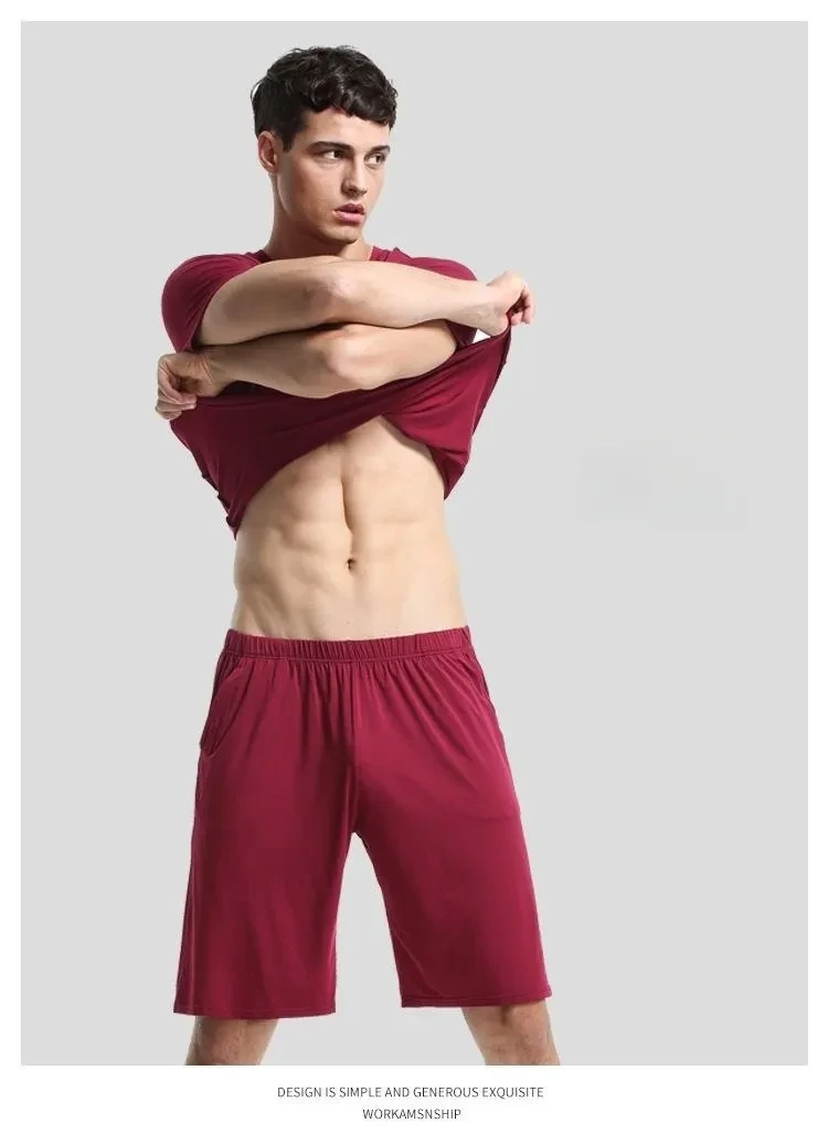 Home Wear Suit Men's Casual Round Neck Short Sleeves Shorts Solid Color Pajamas Wine Red