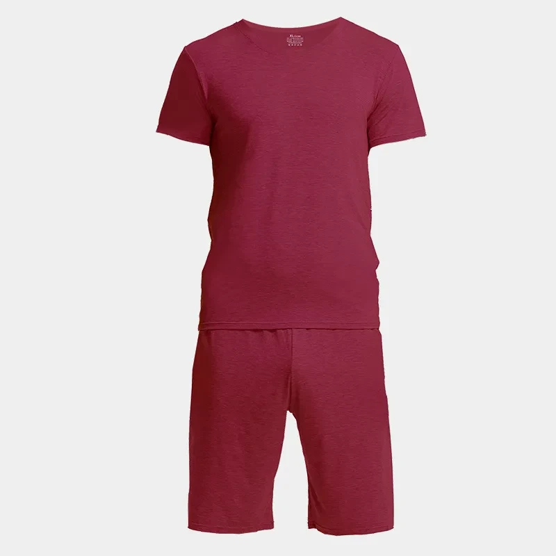 Home Wear Suit Men's Casual Round Neck Short Sleeves Shorts Solid Color Pajamas Wine Red