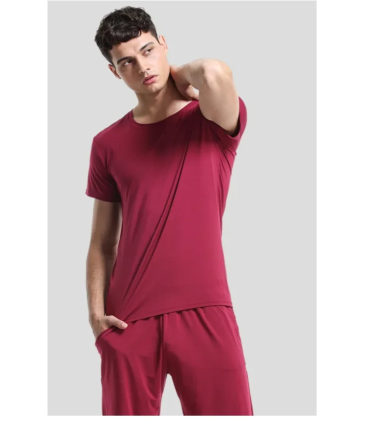 Home Wear Suit Men's Casual Round Neck Short Sleeves Shorts Solid Color Pajamas Wine Red