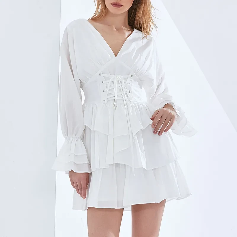 European And American Fashion Sexy Deep V-neck Solid Color Waist Slimming Dress