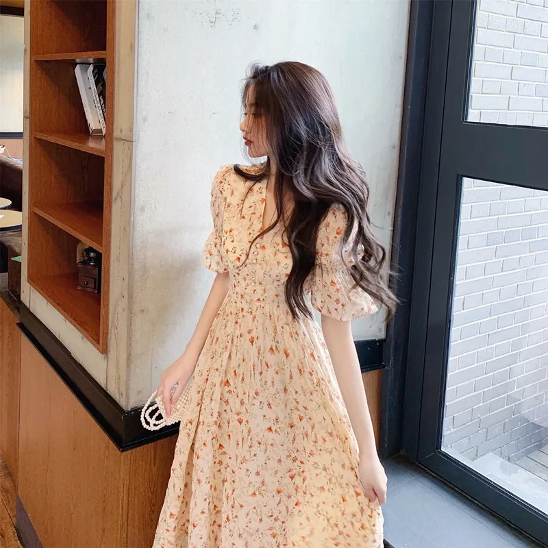 French Style Floral Skirt Puff Sleeve Skirt Long Skirt