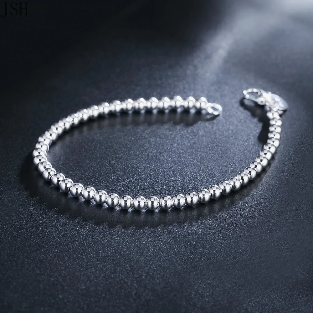 For Women 925 Sterling Silver 4mm Bead Gold Color Chain Bracelet