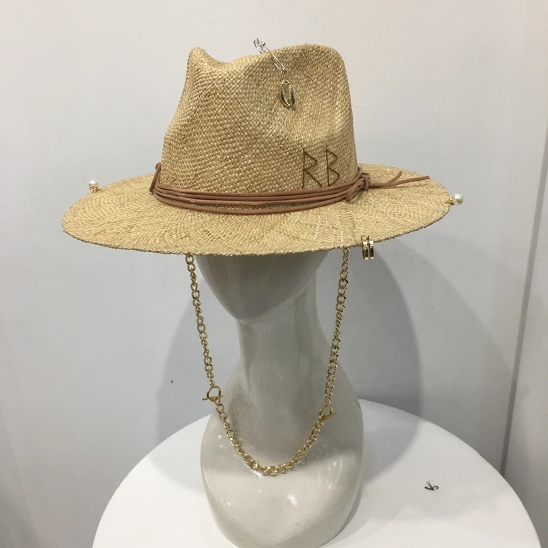 Summer Raffia Sunhat for Women with Chain and Pin Women's Straw Panama Hat