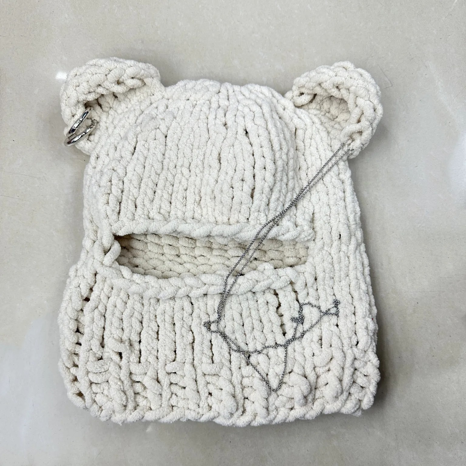 Bear Ears Crochet Balaclava Women Handmade Chain Circle Knitted Hat Party Chenille Mask
