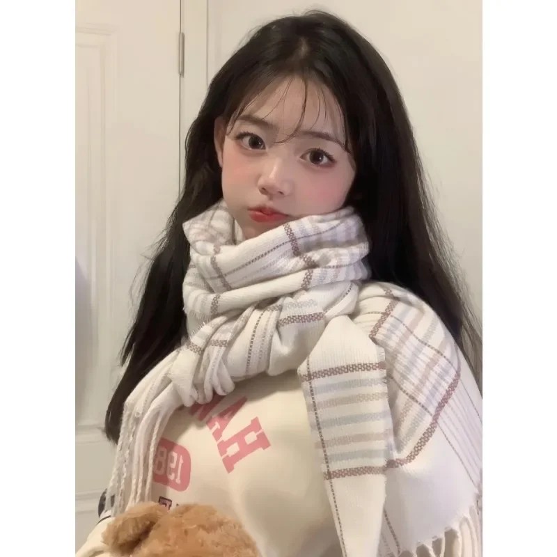 Fresh Light Pink Small Grid Imitation Cashmere Tassel Scarf