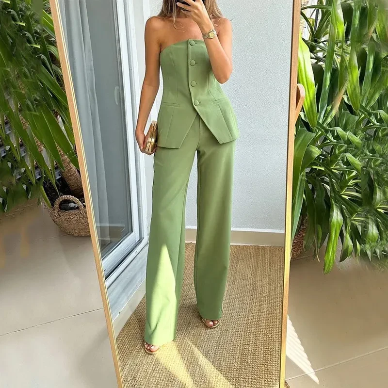 Graceful Tube Top Suit Fashion Button Sleeveless Top And Straight Pants Women's Trousers Set