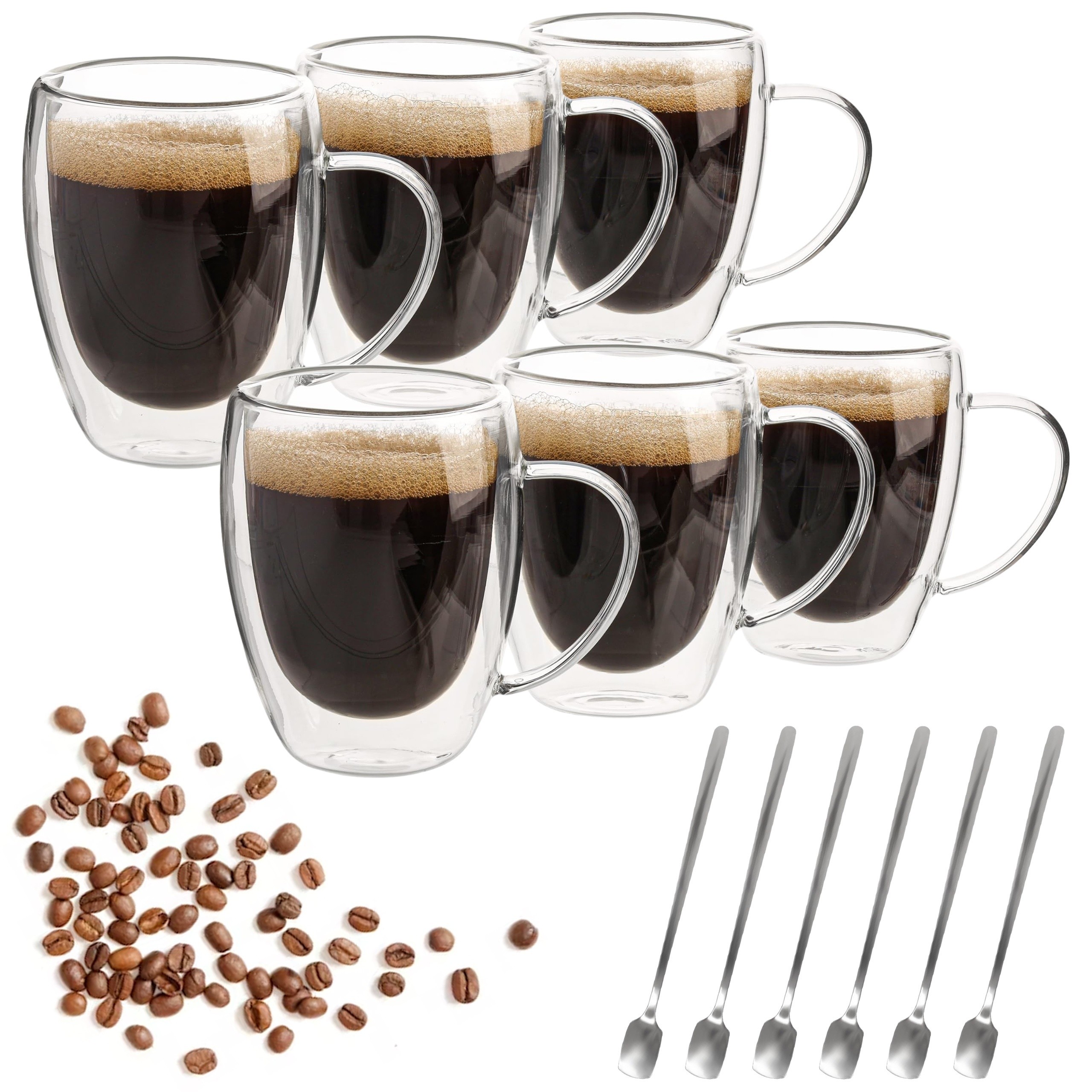 6pcs Double Walled Glass Cups with Spoons  Clear Espresso Coffee Tea Mugs, Insulated Heat-Resistant Beverage Cups, 350ml/12oz, Perfect for Coffee, Tea, Cappuccino & Lattes, Drinkware for Restaurants and Cafes