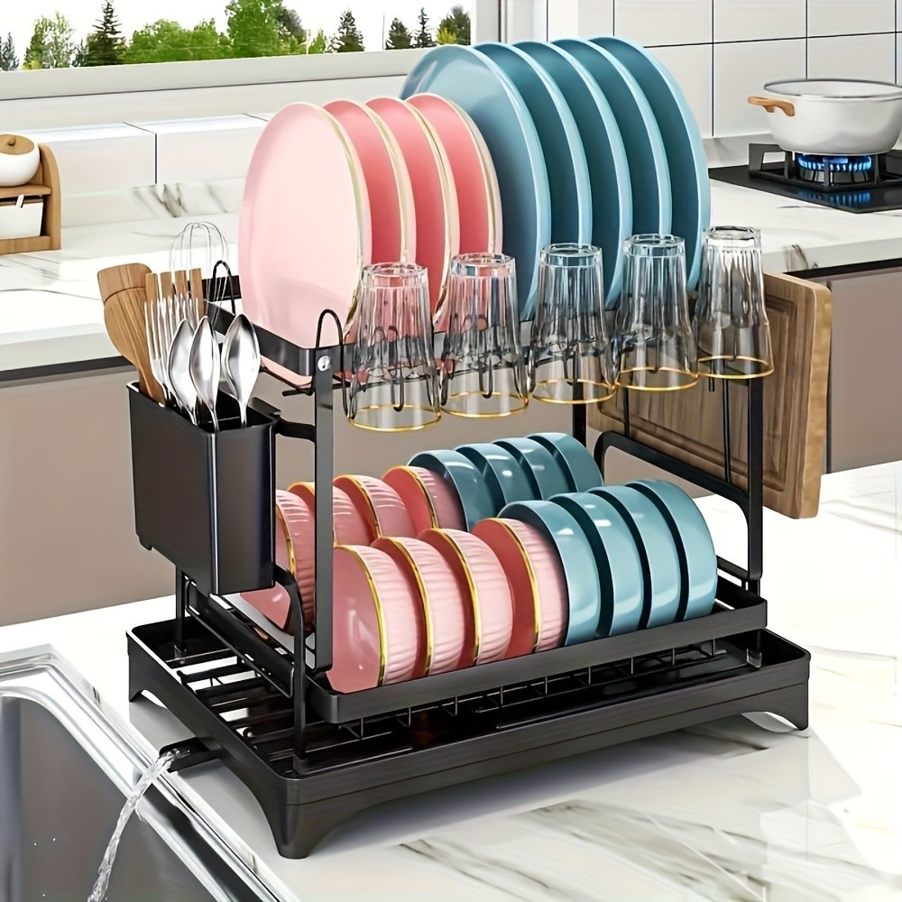 2-Tier Dish Rack with Utensil Holder  Rustproof Kitchen Dish Drying Rack with Drainboard for Kitchen Countertop