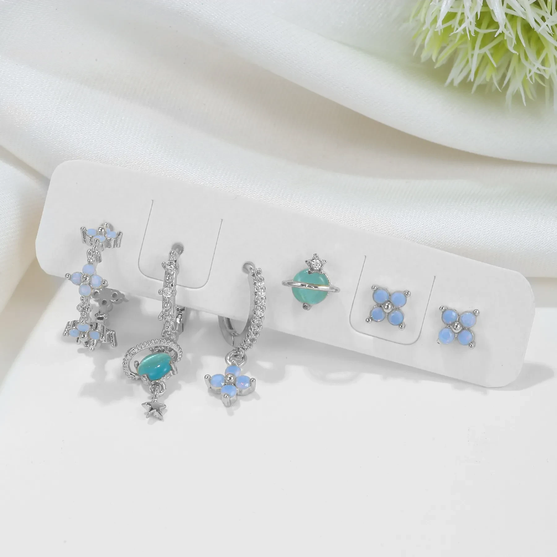 New Blue Protein Flower Nail Japanese And Korean Sweet Girl Earrings Suit