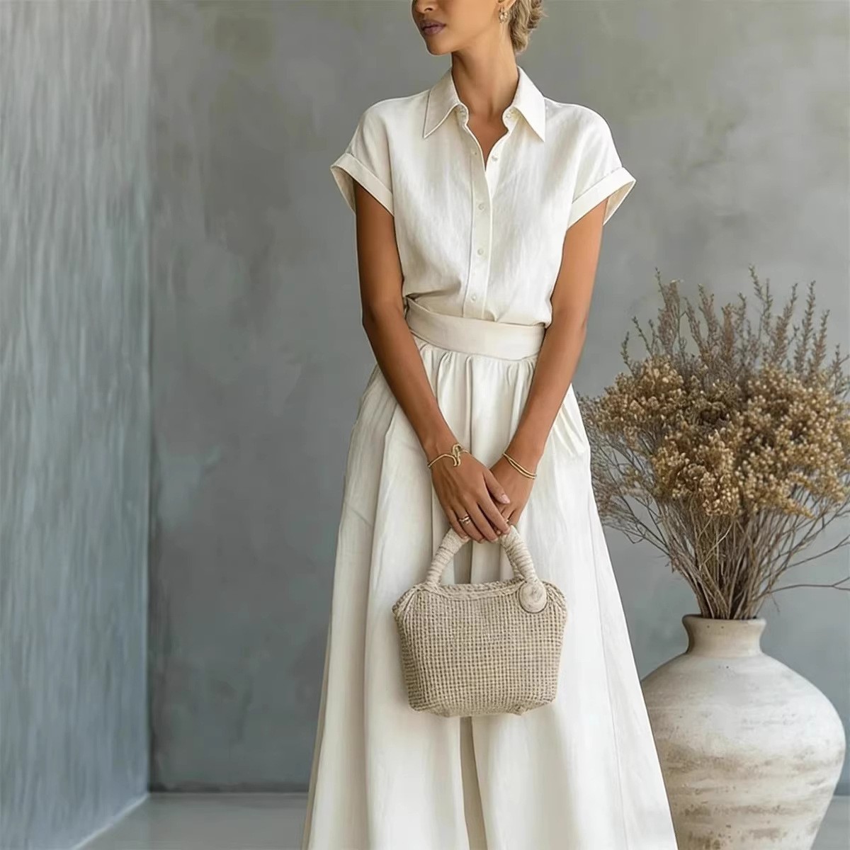 Casual Solid Shirt & Wide Leg Two-Piece Set