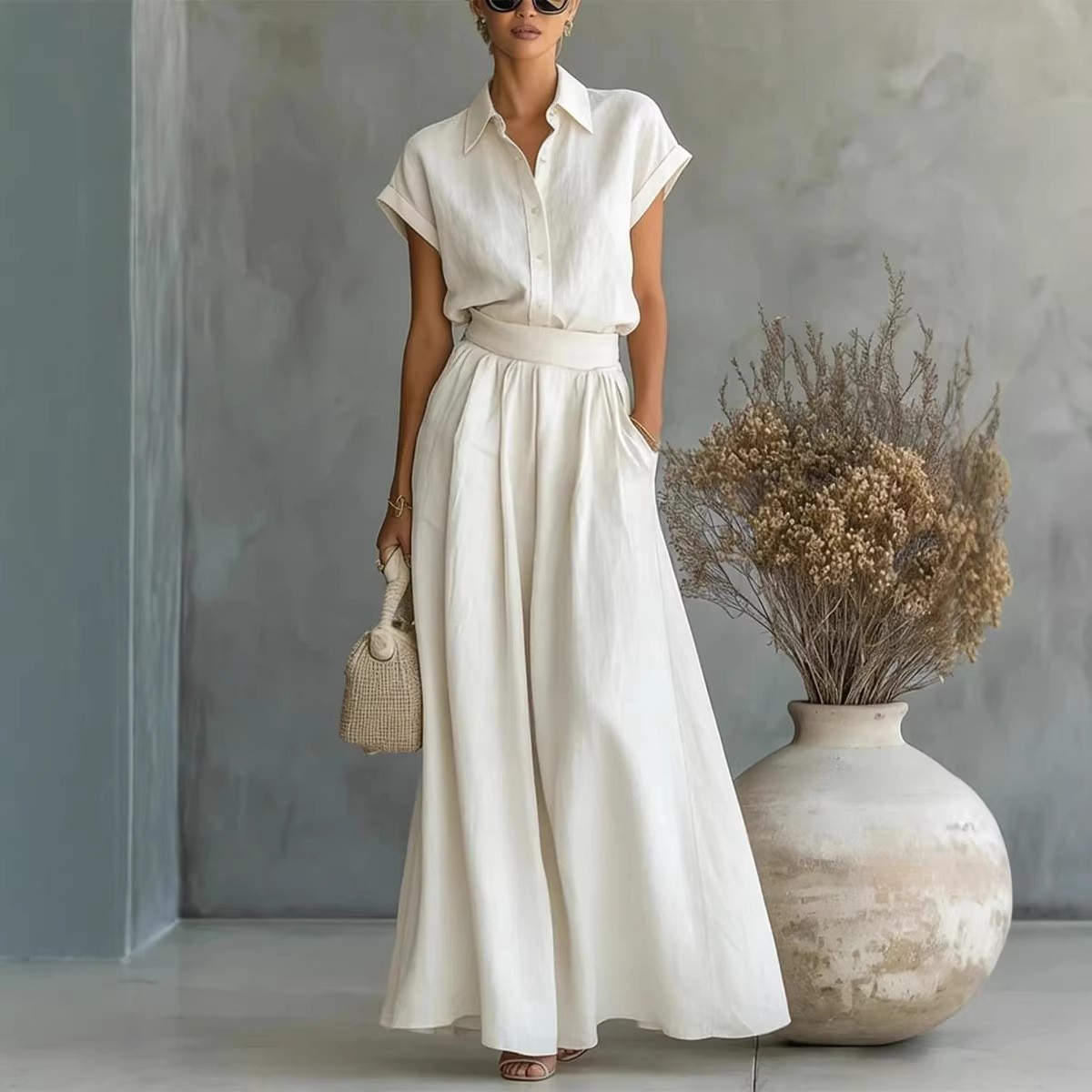 Casual Solid Shirt & Wide Leg Two-Piece Set
