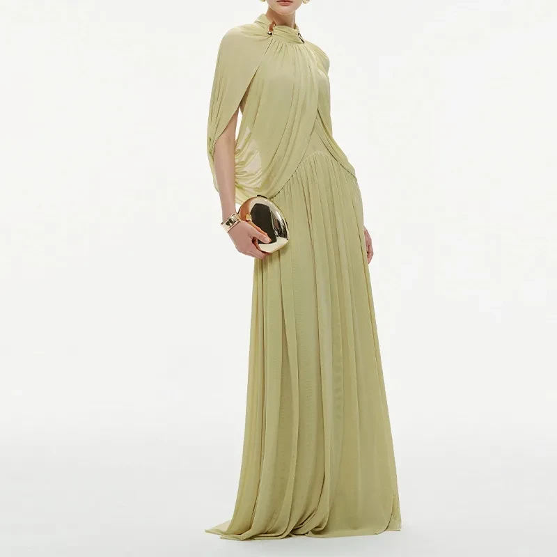 Twilight Whispers Green Draped Cape Sleeve Knit Maxi Dress