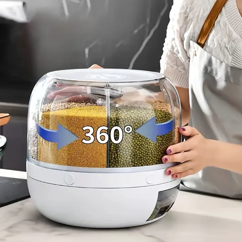 Rotating 6-Grid Rice Dispenser - Multi-Compartment Rice Storage Container