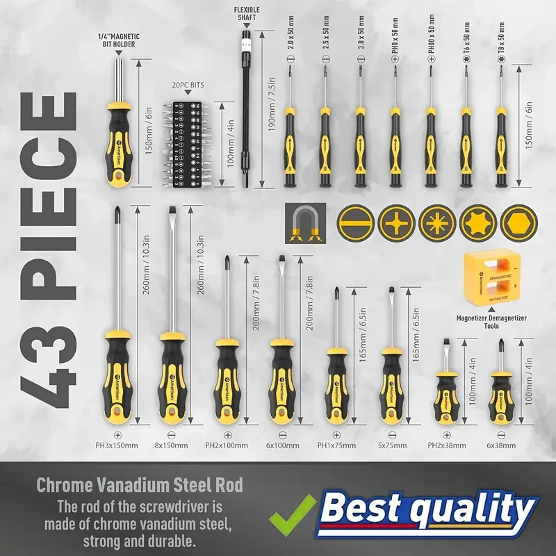 43-Piece Magnetic Screwdriver Kit with Box  Includes Slotted, Cross, Hex, Precision, and More