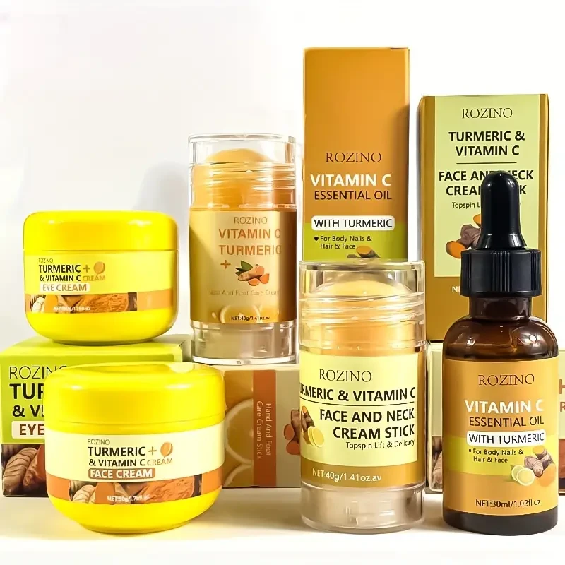 ROZINO Turmeric & Vitamin C 5-Piece Skincare Set - Eye Cream, Face & Neck Cream Stick, Hand & Foot Cream Stick, Essential Oil, and Face & Neck Cream Stick
